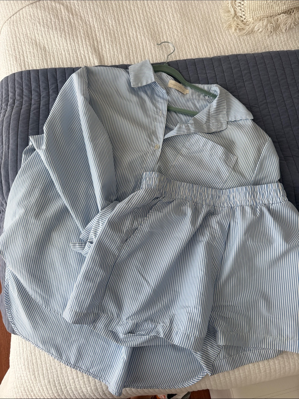 Light Blue Striped Women's Button down & Shorts SET - Coastal Relaxed Fit